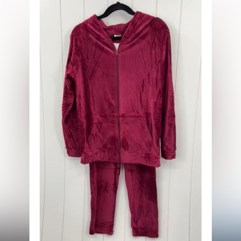 🆕Velvet Soft Burgundy Zip Sweatsuit Set HoodedJacket W/Pockets Size Large - Picture 2 of 9